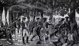 ২৩ জুন ১৭৫৭ সালে পলাশীর আমবাগানে ব্রিটিশ সৈন্য, নিচে বাঙালি সৈন্যদের গুলি করছে