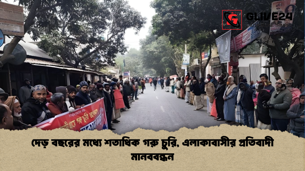 দেড় বছরের মধ্যে শতাধিক গরু চুরি এলাকাবাসীর প্রতিবাদী মানববন্ধন দেড় বছরের মধ্যে শতাধিক গরু চুরি, এলাকাবাসীর প্রতিবাদী মানববন্ধন